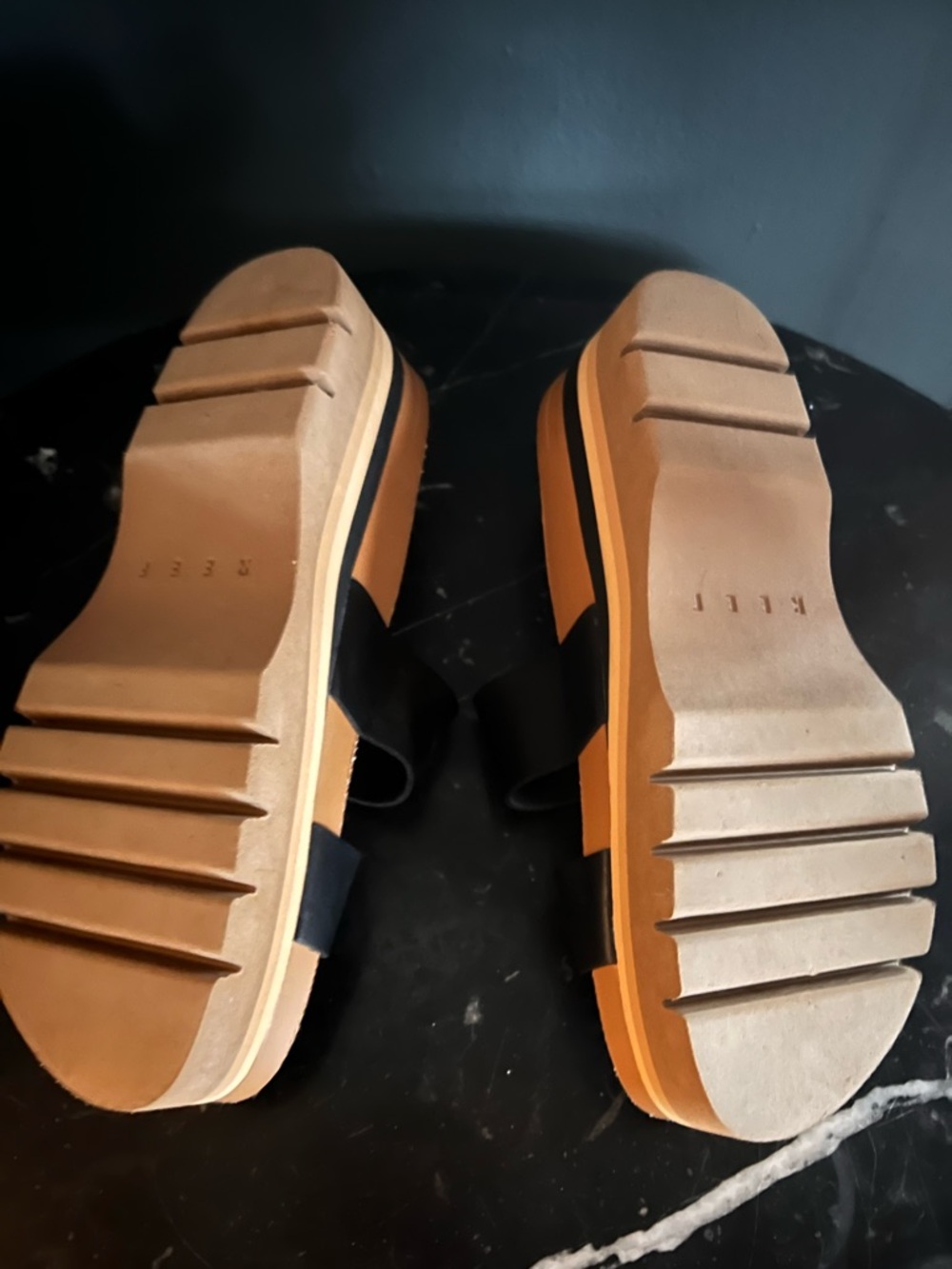 Reef Black Double-Strap Platform Sandals with Tan Sole - Picture 10 of 14
